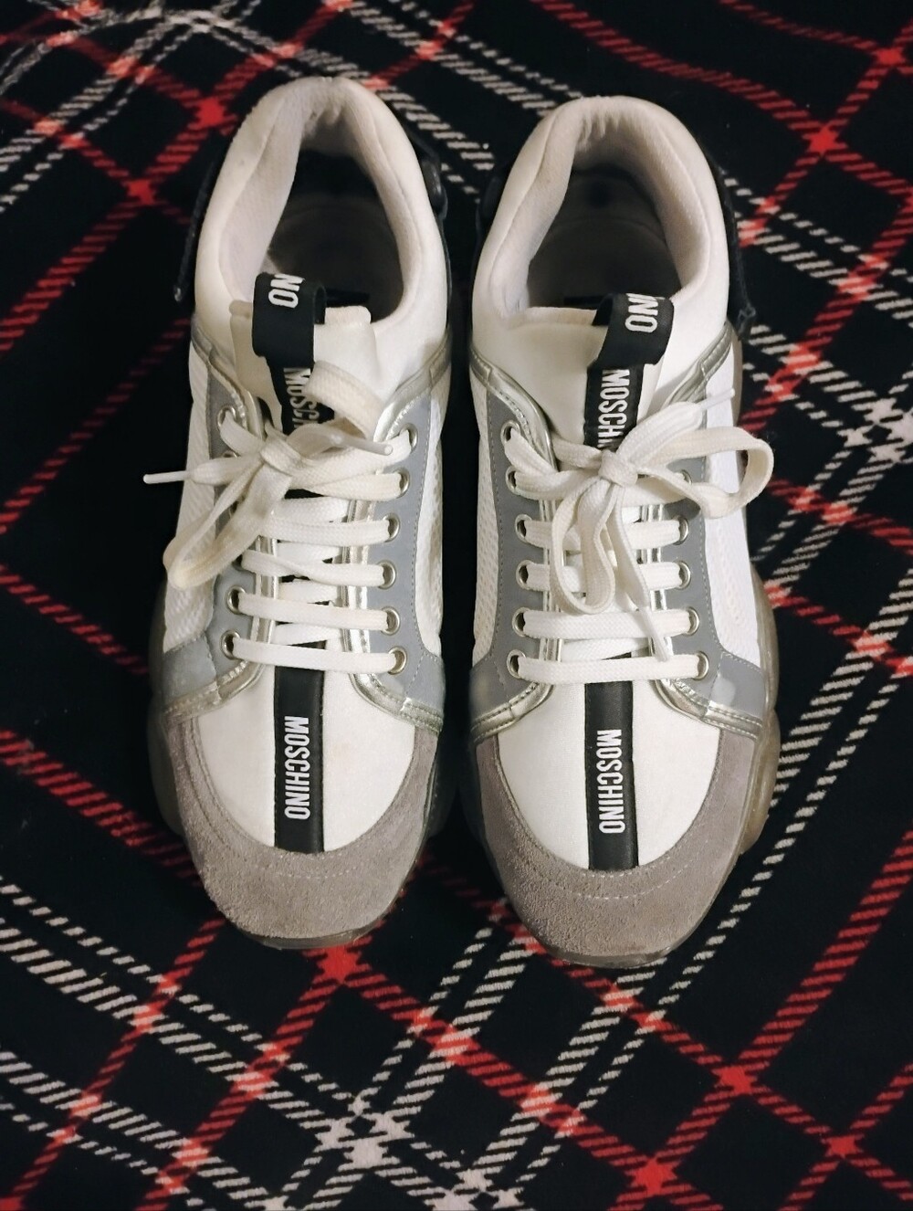 Women's White Black And Silver Moschino Sneakers Size 9
